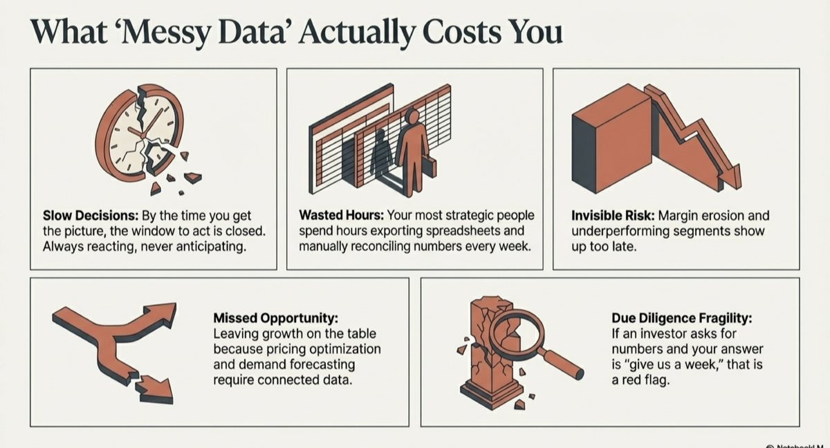 Illustration of data flowing between disconnected business systems